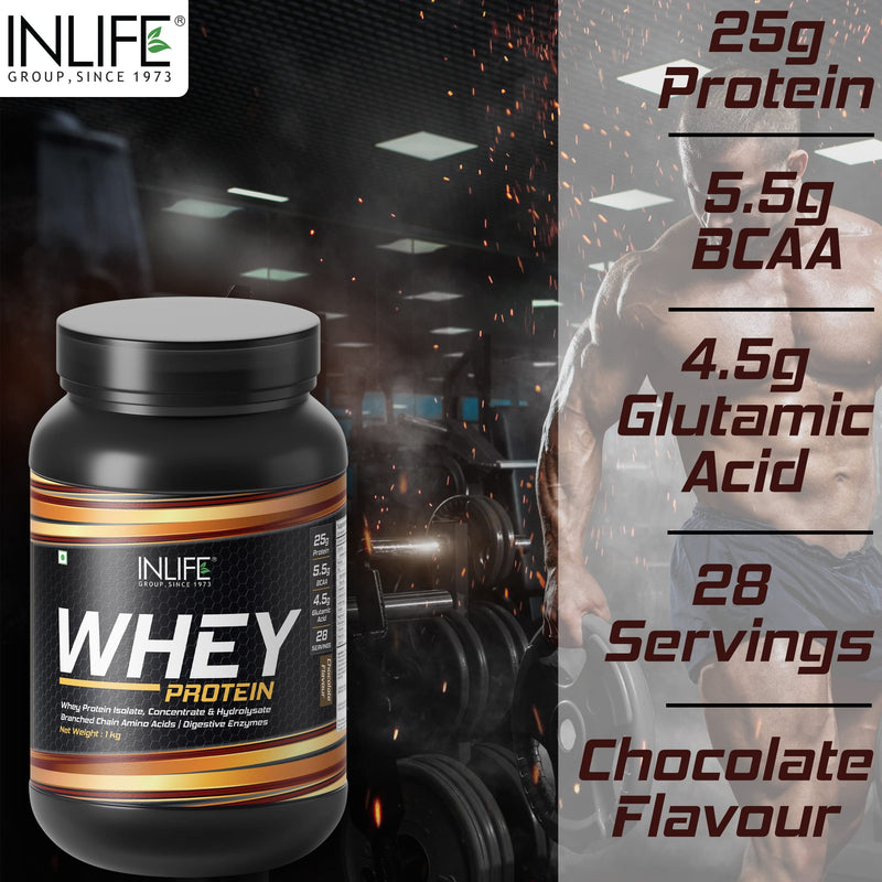 INLIFE Whey Protein Powder | Blend of Isolate Concentrate Hydrolysate | Sports Nutrition Workout Drink, Muscle Food, Body Building Supplement (Chocolate, 1kg)