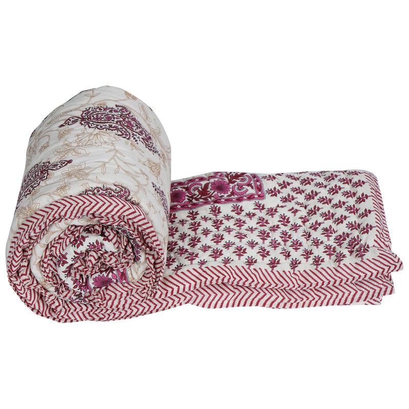 Throw King Jaipuri Hand Print Quilt Printed Reversible Jaipuri Razai Cotton Handmade Floral Quilt, Jaipuri razai, Bedspread Comforter,Dohar- (Maroon)