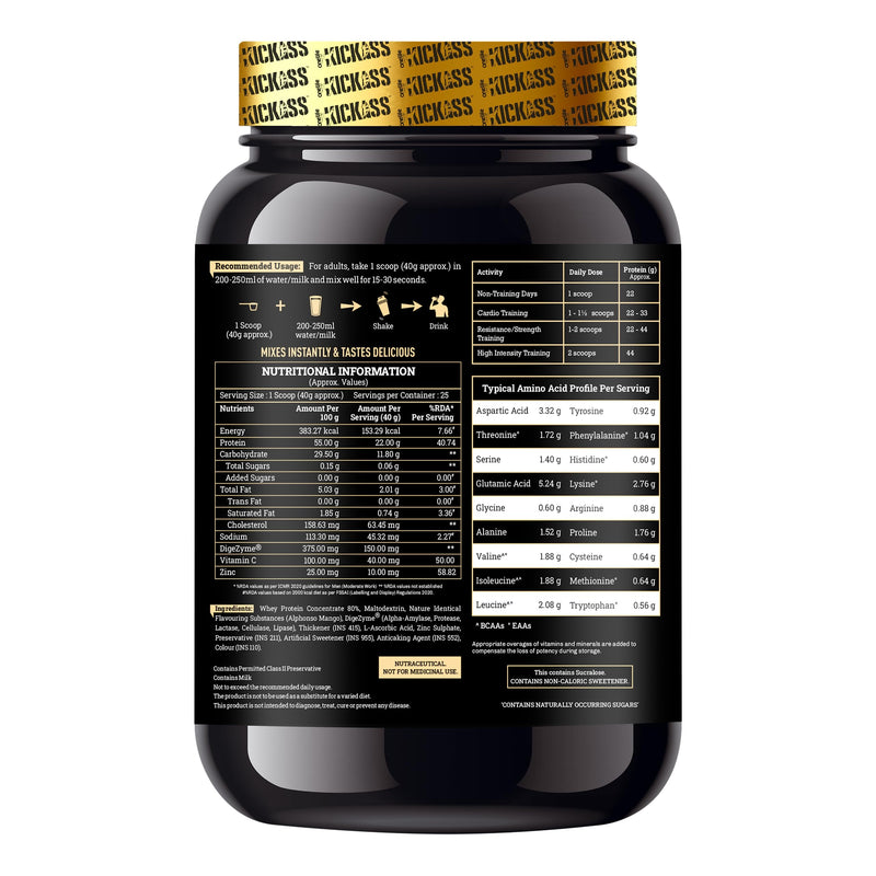 Kickass Newbie Whey Protein Concentrate - with Added Digestive Enzymes and Immunity-Boosting Micro Nutrients Aiding in Muscle Repair and Growth | Mango Flavour 1Kg