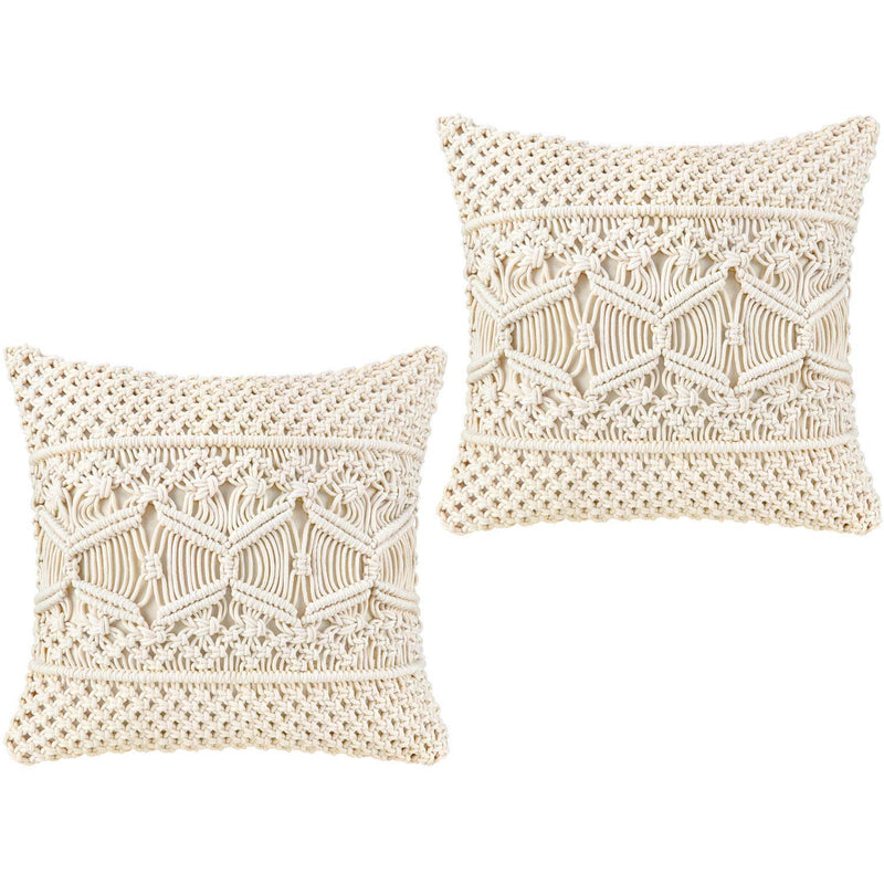 Kaahira Boho Macrame Decorative Cushion Cover 16x16 | Comfy Throw Pillow Cases for Sofa Couch Bed Living Room (Off-White)