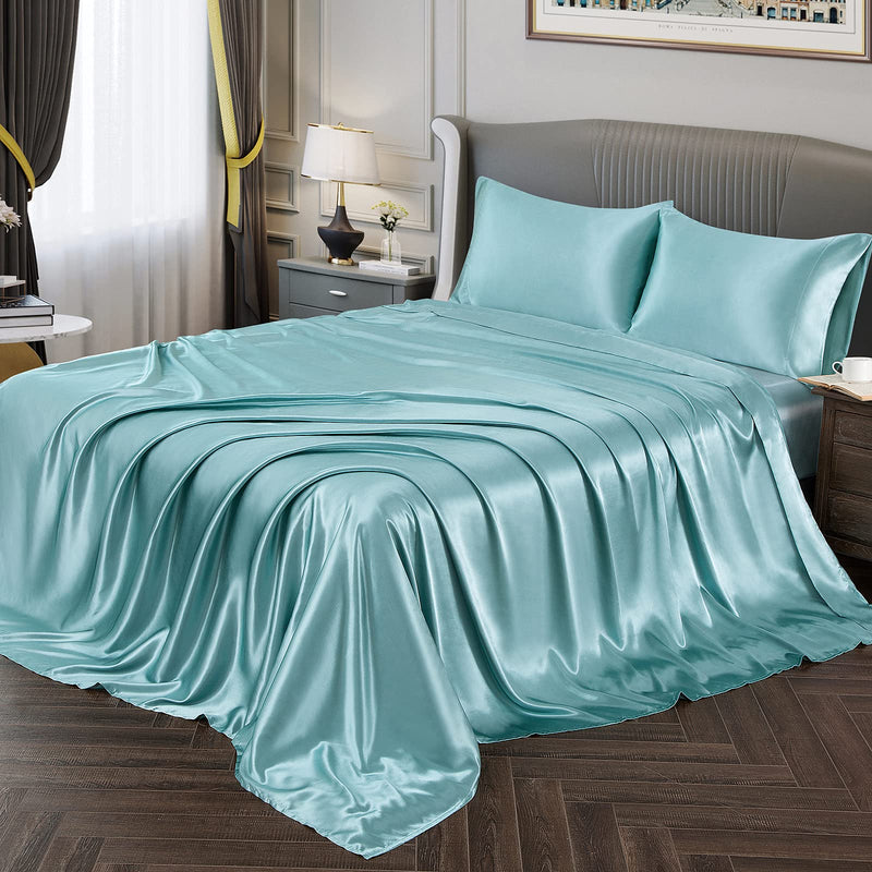 Vonty Satin Sheets Queen Size Silky Soft Satin Bed Sheets Aqua Satin Sheet Set, 1 Deep Pocket + Fitted Sheet + Flat Sheet + 2 Pillowcases