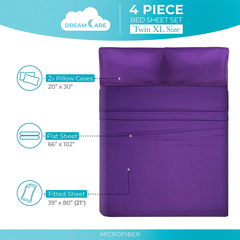 Twin XL Sheets 4pcs XL Twin Sheet Set Twin XL Fitted Sheet Extra Deep Pocket Extra Long Twin Sheets XL Twin Fitted Sheet Twin Extra Long Sheet Set Twin XL Bedding Set Twin XL Fitted Sheets Purple