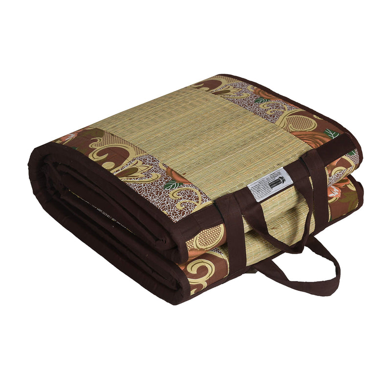 KALA DARSHAN CRAFTS BAZAAR - Foldable Mat with Korai River Grass Chatai 2.5 X 6 Feet 15MM Soft Foam Brown Cotton Fabric, Reduced Back Pain Portable