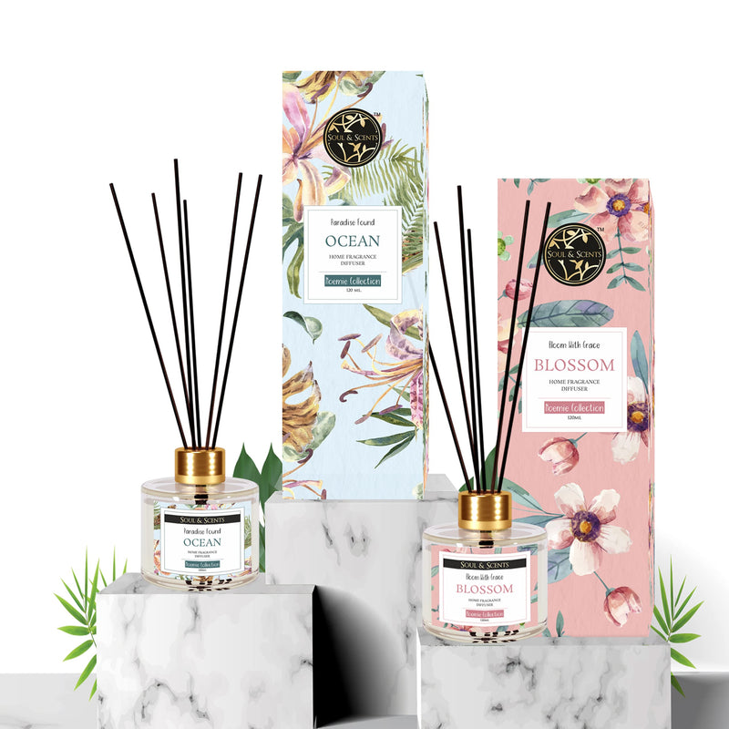 Soul & Scents Ocean and Blossom Reed Diffuser Set-120 ml with 6 Sticks Each | Fine-Living Fragrance for Office, Home, Gym and Yoga | Mood Enhancer | Combo Pack of 2