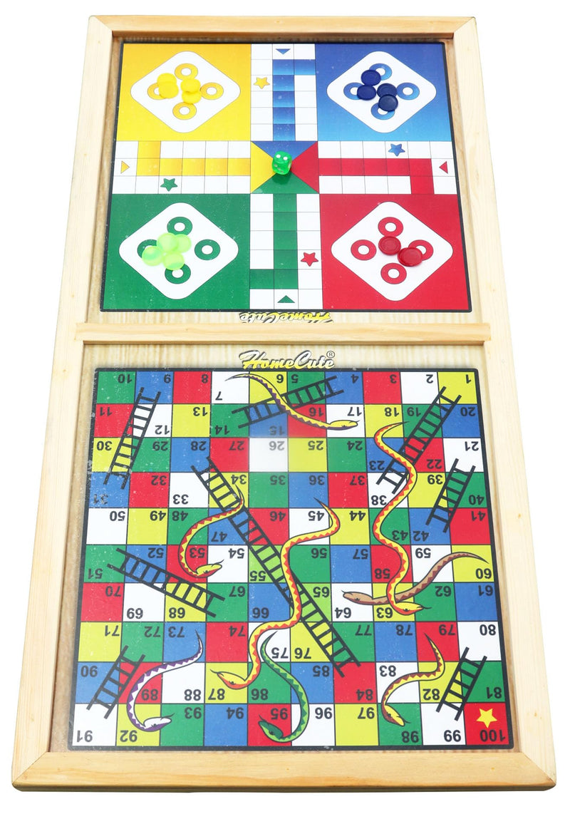 Homecute Wooden Fastest Finger Board Game with Ludo and Snake and Ladder 3 in 1, Indoor Games for Kids, Fast Sling Puck Board Game for Adult Parent Kids Children Family.