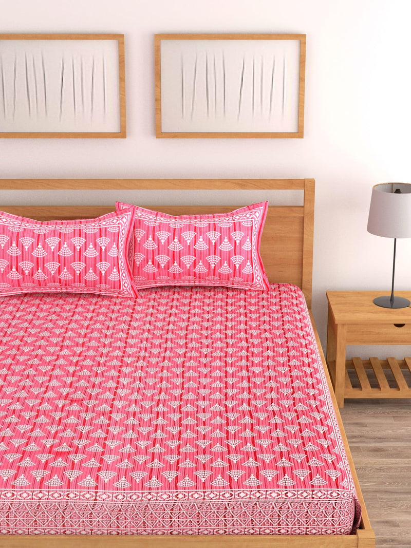 Lali Prints Geometric Block Print King Size Double Bed Jaipur Bedsheet with 2 Pillow Coves (Zip) 100% Cotton - Pink