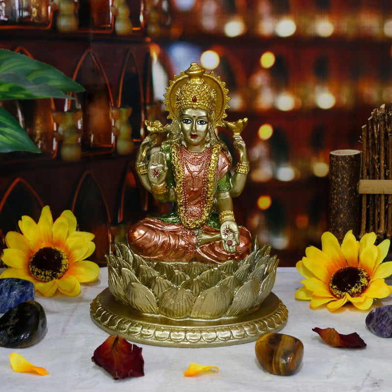 6.3" H Lakshmi On Lotus Polystone in Antique Gold, lndian Laxmi Statue Hindu Murti Figurine for India Buddha for Home Temple Mandir Hindu Gods and Goddesses for Diwali Party Present Birthday