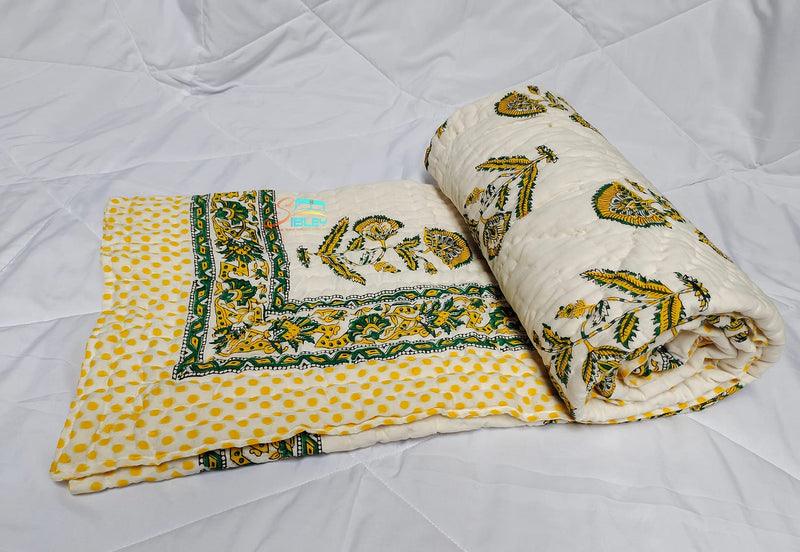 Sibley 210 TC Hand Block Cotton Single Bed Jaipuri Razai Floral Print (60X90 Inche) - Yellow