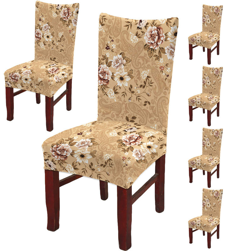 BRIDA® Stretchable Floral Printed Dining Chair Covers Elastic Chair Seat Case Protector, Slipcover Set of 6 Seater (6 Chair Cover, Beige), Polycotton Spandex