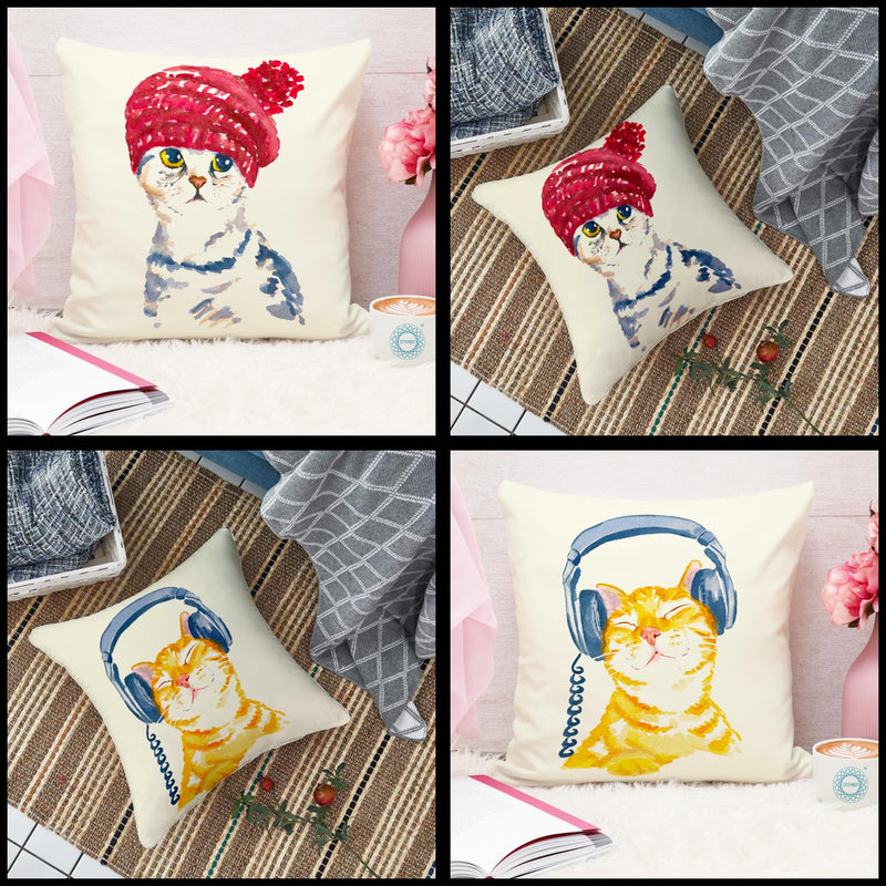 STITCHNEST Cute Cats Digital Printed Jute Cushion Covers (12x12-inch; White) - Set of 2