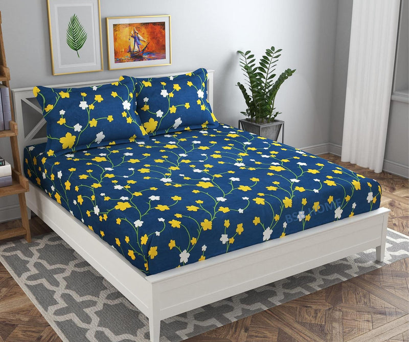 BSB HOME Premium Cotton Elastic Fitted Bedsheets with 2 King Size Pillow Covers | Double Bed with All Around Elastic 180 TC Supersoft | Size - 72 King Sizex78+10 in | Blue Yellow and White Leaf