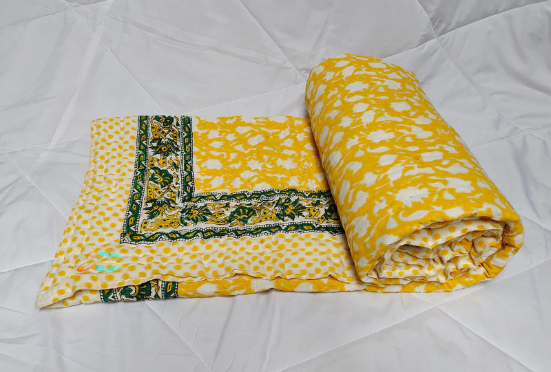 Sibley 210 TC Hand Block Cotton Single Bed Jaipuri Razai Floral Print (60X90 Inche) - Yellow