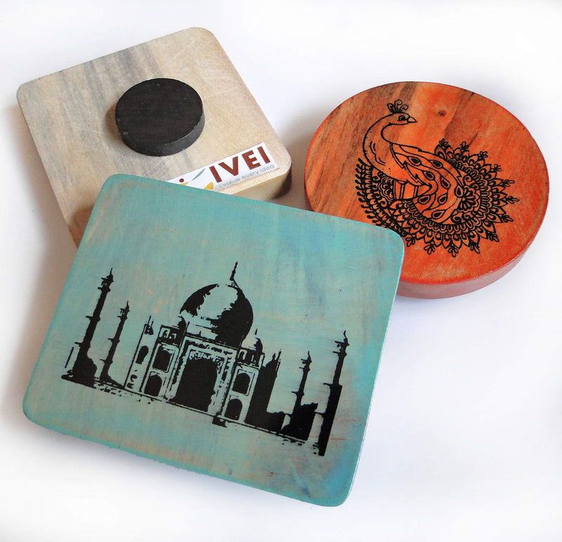 IVEI Wooden Magnets � Taj Mahal, India Gate, Peacock Print � Fridge Magnet � Innovative Magnets for Home and Kitchen Decoration - Independence Day Gifts (Set of 3)