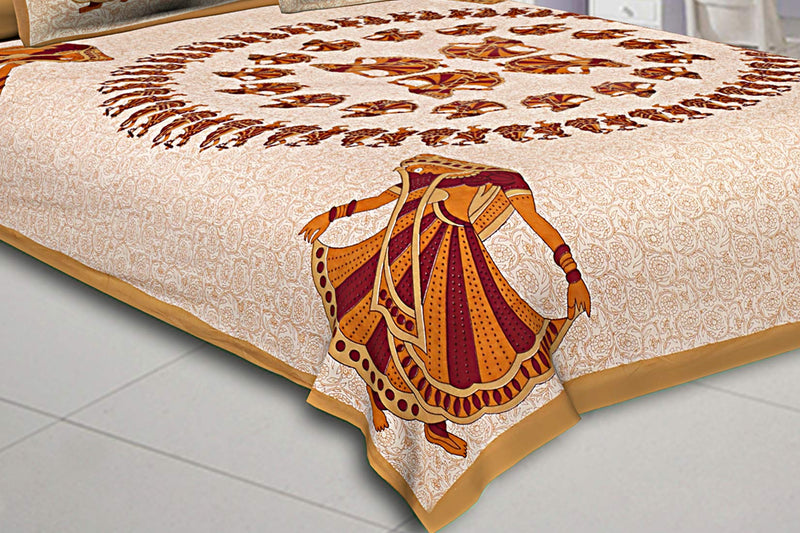 Jaipur Fabric 120 TC Cotton Double Printed Flat Bedsheet (Colour:- Brown)