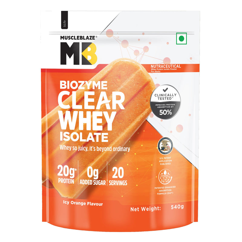 MuscleBlaze Biozyme Clear Whey Protein Isolate | 20g Protein, 92 Calories, Zero Added Sugar (Icy Orange Flavour, 20 Servings)