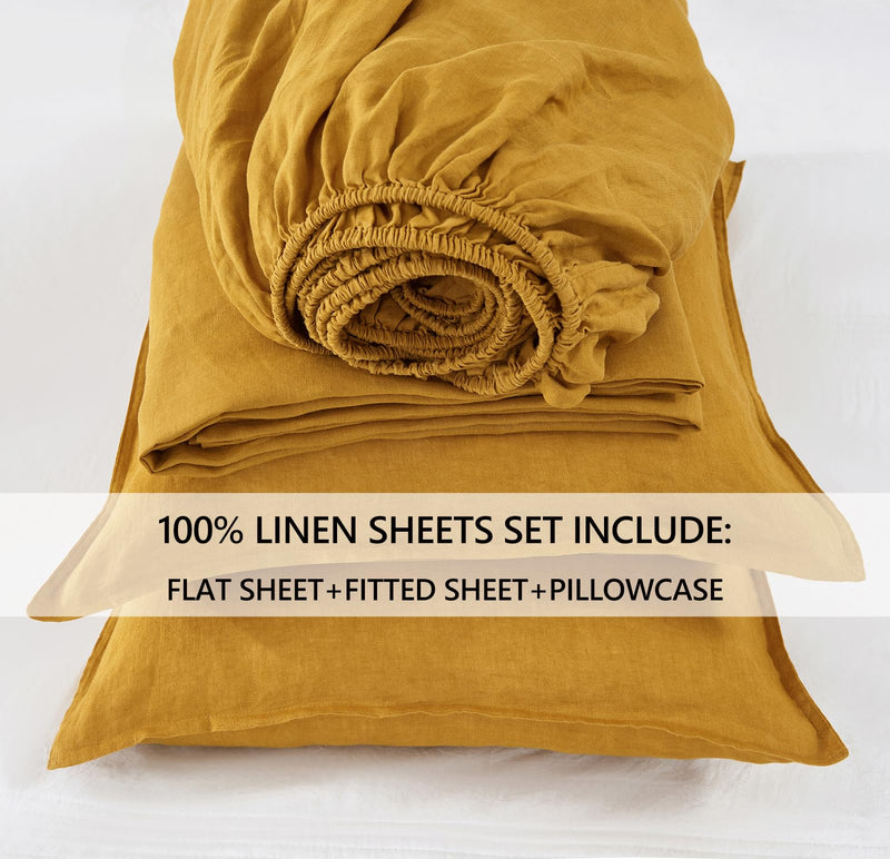 S VICTORY SYMBOL 100% French Natural Pure Linen Bedding Sheet Set Ultra Soft Durable Luxurious Stone Washed 4 Pieces Sheets Set(Yellow,California King)