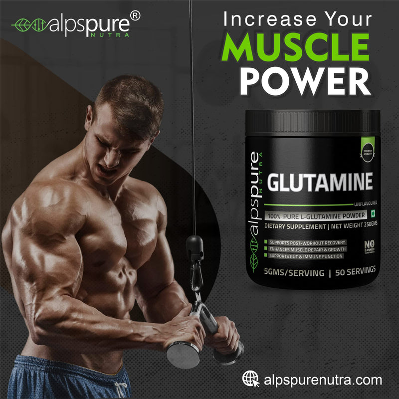 Alpspure Nutra 100% Pure Glutamine Powder (250 G) Unflavoured | Post Workout Supplement for Muscle Growth & Recovery | Sports & Fitness Nutrition for Men & Women | L-Glutamine | Amino acid