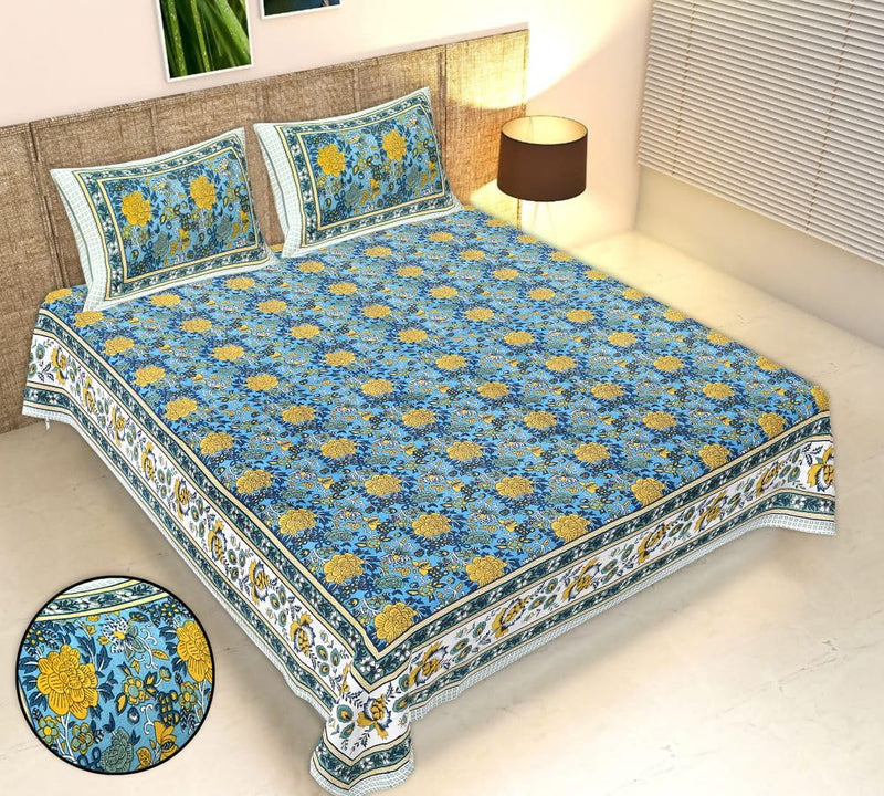 The Boho Tales Jaipuri Printed Double Bedsheets with 2 King Size Pillow Cover | Cotton Flat Bedsheet for Double Bed | Bedding Set - Blue (90 x 108 Inches, 7.5-9 Feet)