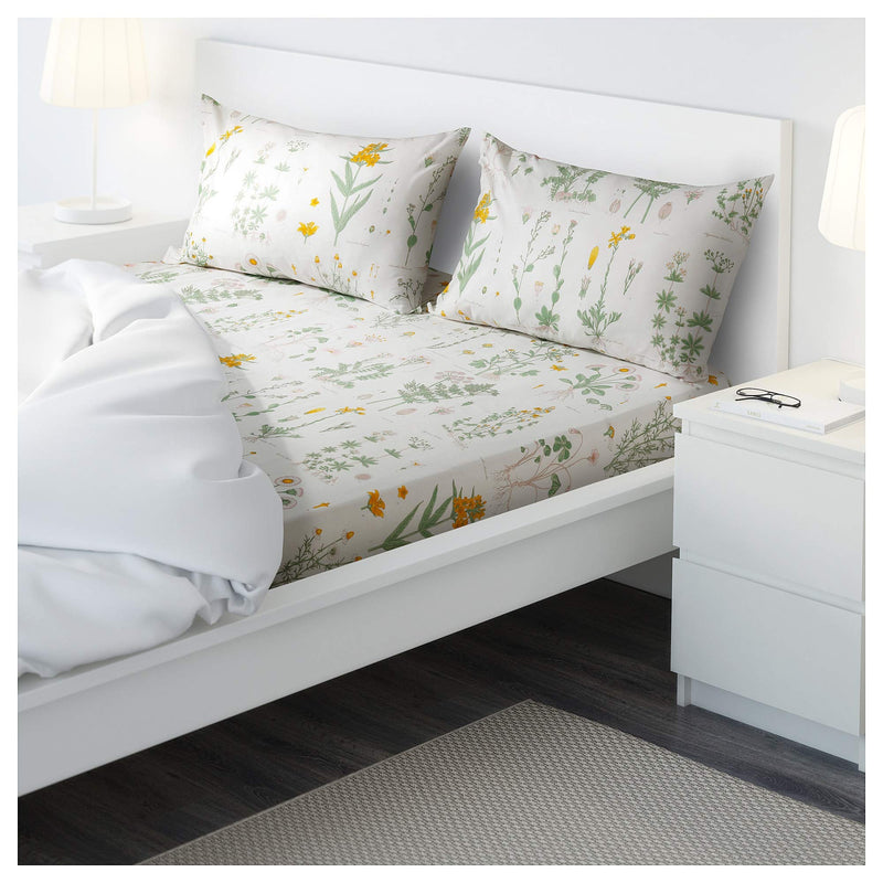 Ikea Cotton Strandkrypa Floral Double Bedsheet and 2 Pillowcase, White, 240x260/50x80 cm (94x102/20x32)