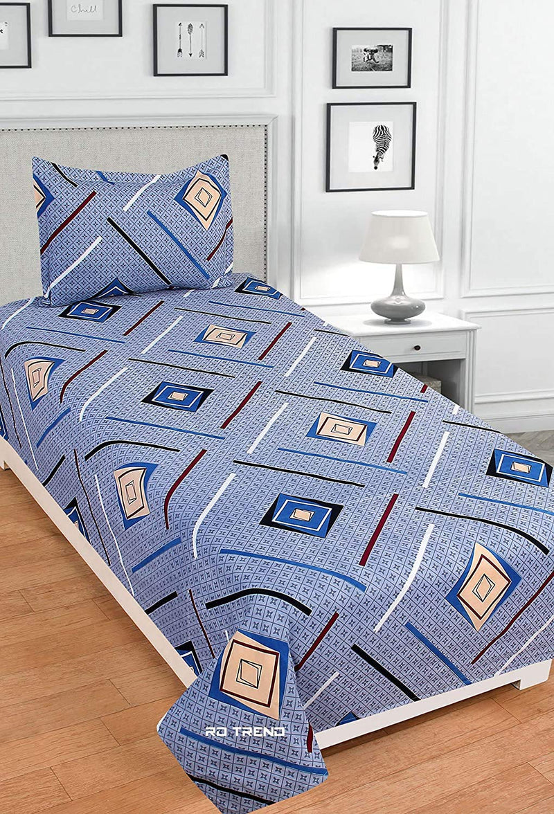 RD TREND 3D Printed 160 TC Single Flat Bed Sheet Size (90 inch x 60 inch) with one Pillow Cover (Blue)