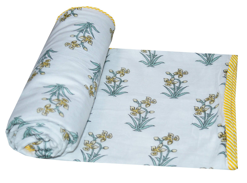 Fab Casa Pure Cotton Printed Jaipuri Sanganeri Hand Block Print Fabric Baby Dohar Malmal Cotton Quilt (Yellow)