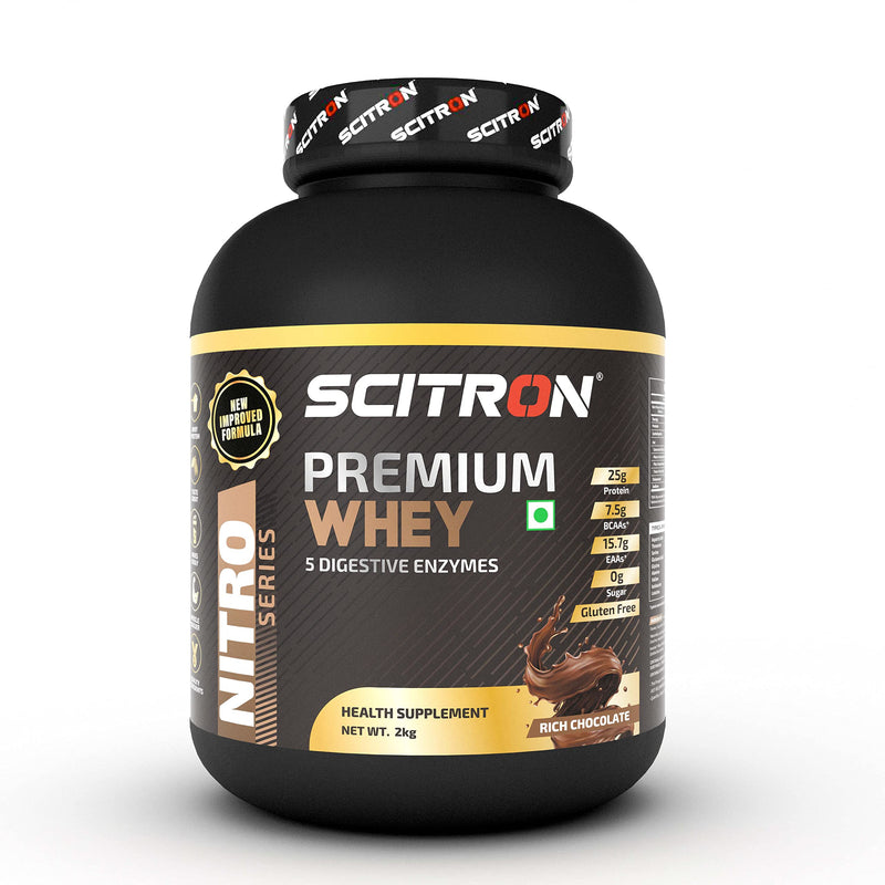 SCITRON Nitro Series Premium Whey 2Kg Rich Chocolate (58 Servings, 25g Protein, 9.5g BCAAs, 15.7g EAAs, 0g Sugar)