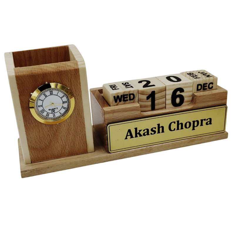 Vard Collections Wooden Pen Stand with Clock for Office and Home Use