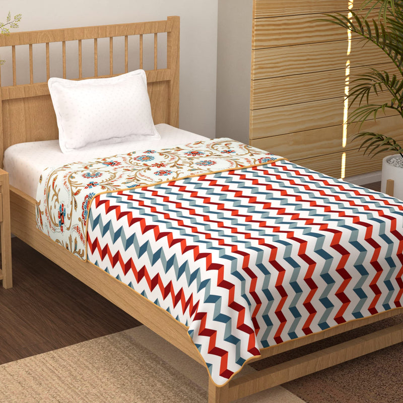 Story@Home Single Bed Dohar | Blanket | Comforter 100% Cotton, Reversible, Soft Lightweight Bed, 150GSM, AC Blanket | Ideal as Blanket for Summer & Winter, Chevron, Size: 144x220cm. White & Beige