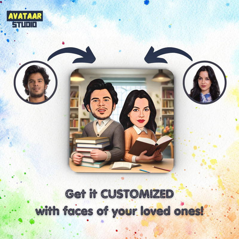 Avataar Studio Personalized Caricature Photo Fridge Magnet Unique Gift for Brothers, Sisters, Friends Customized Refrigerator Magnet Gift for Rakhi Rakshabandhan Gift (4 x 4 inches, BookWorms)