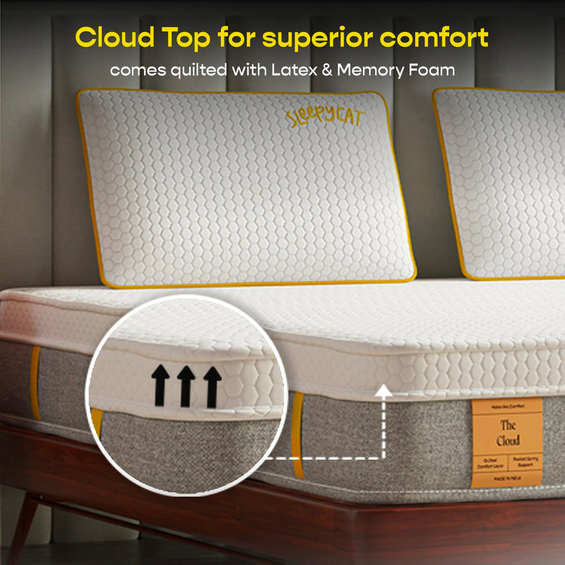 SleepyCat Cloud Mattress | Hotel-Like Quilted EuroTop with Memory Foam & Latex | No-Motion Transfer Pocket Spring | Pressure Relief & Luxurious Feel | King Size (78x72x8 Inches)