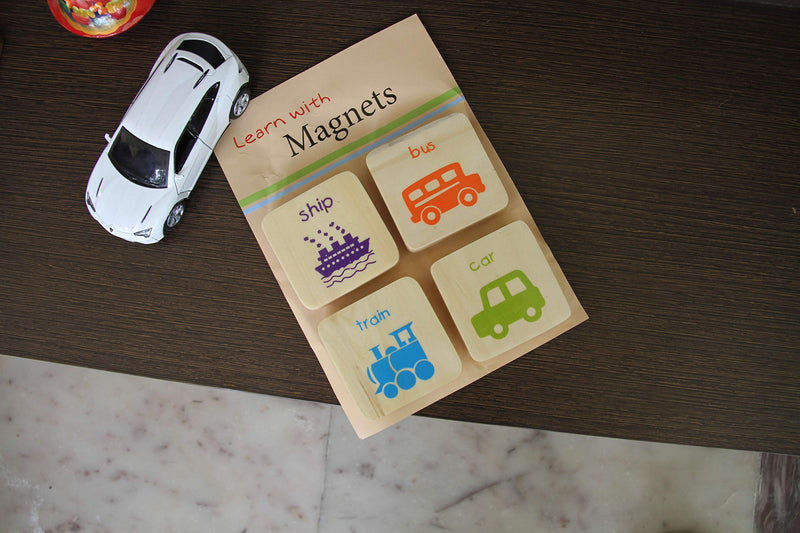 IVEI Wooden Educational Magnets for Kids – Bright Coloured Vehicle Magnet - Square Shape Magnets with Bus, Car, Ship, Train Design - Fridge Magnet - Innovative Magnets -Budget Gifts (Set of 4)