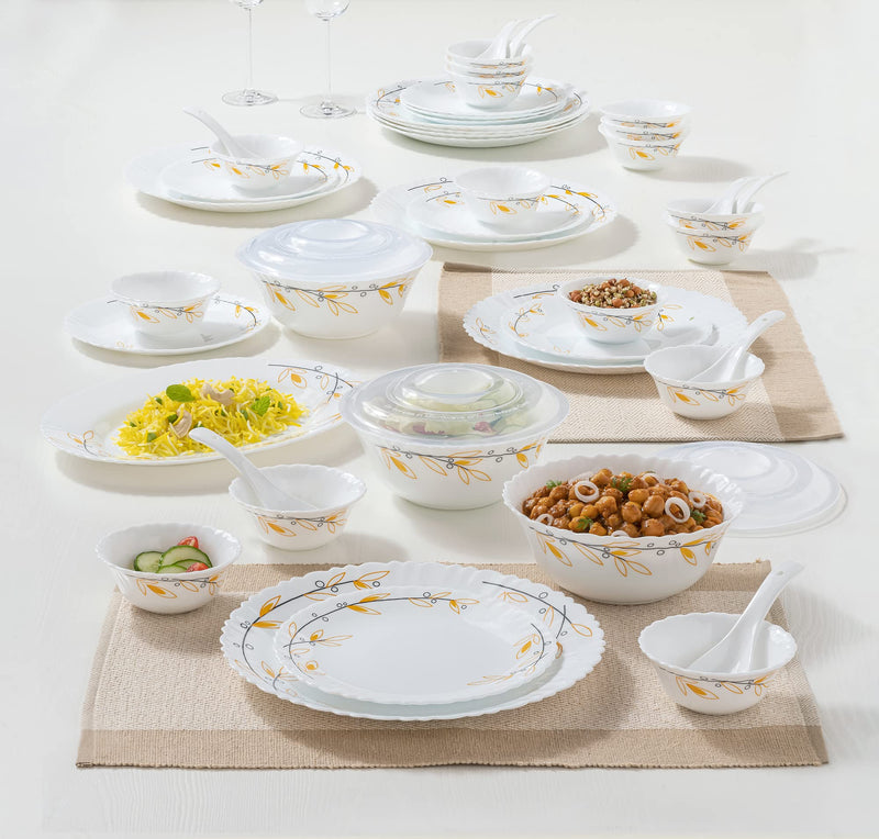 Larah by Borosil Bella Silk Series Opalware Dinner Set | 47 Pieces for Family of 8 | Microwave & Dishwasher Safe | Bone-Ash Free | Crockery Set for Dining & Gifting | Plates & Bowls | White