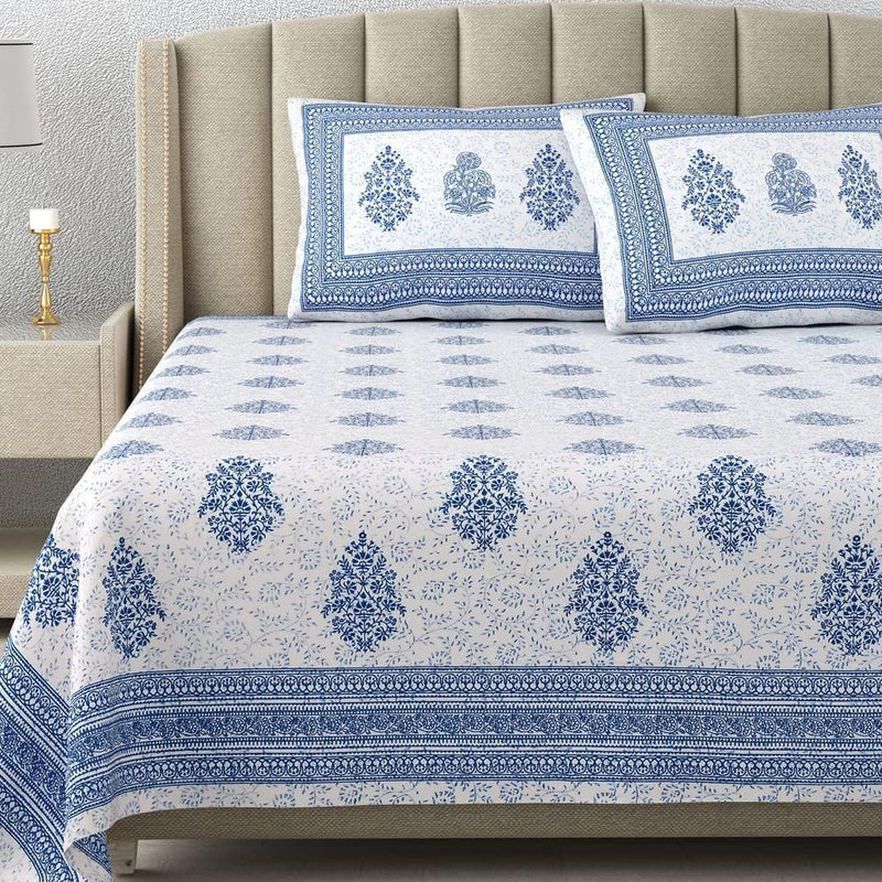 CottoNaps 100% Cotton Double King Size Bedsheet, 210TC, Hand Block Print, Block Printed Bedsheets Traditional Jaipuri Bedsheets,King Bed Bedsheet, Rajasthani Jodhpuri Bed Sheet 90x108 Blue Pack of 1