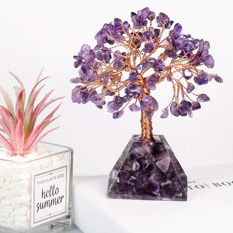 Yatming Healing Amethyst Stone Money Tree with Pyramid Base Crystal Bonsai Tree Feng Shui for Office Home Decor