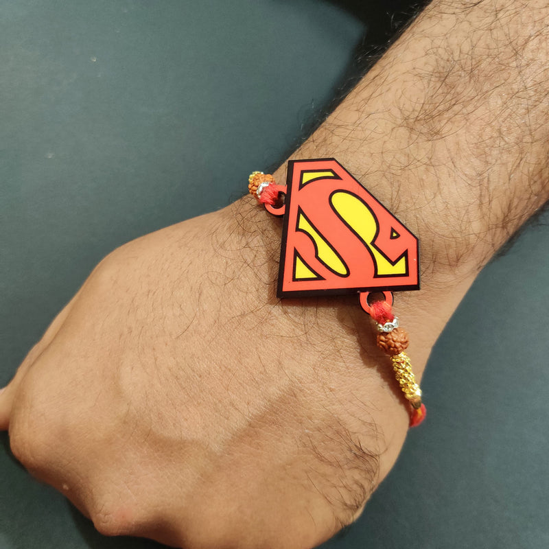 Bhai Please Superman Wooden Rakhi with Brother is Superhero Fridge Magnet (Gift Combo for Bhai/Bhaiya) | Set of 1 pc Rakhi with Roli- Chawal and Fridge Magnet | With Raksha Bandhan Greetings