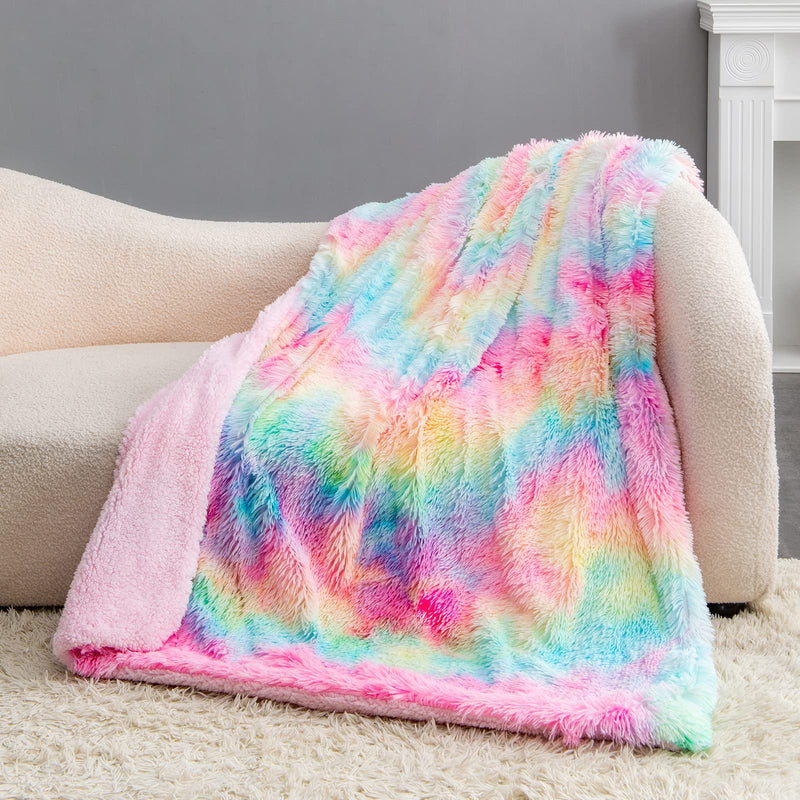 BOBOR Super Soft Faux Fur Shaggy Long Hair Reversible Sherpa Fleece Microfiber, Fuzzy, Lightweight, Plush, Decorative Throw Blanket (Rainbow, 59 x79 inch)