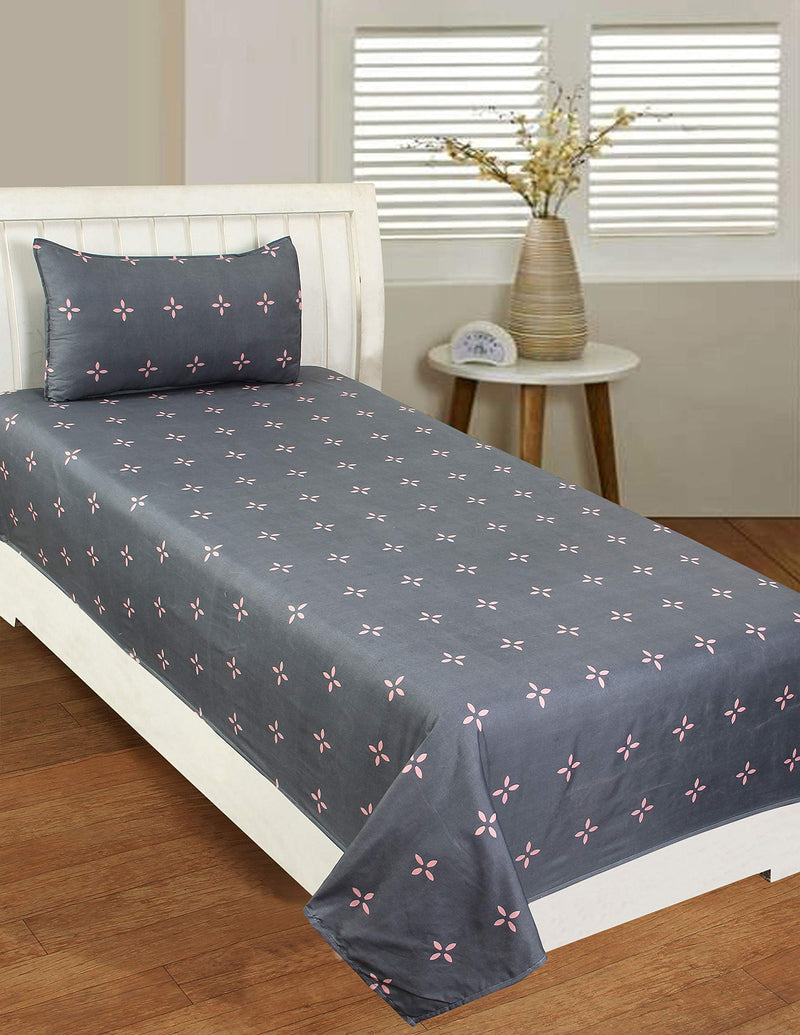 BADOTI Glace Cotton 160 TC Single bedsheet with 1 Pillow Cover (Grey-Dot)