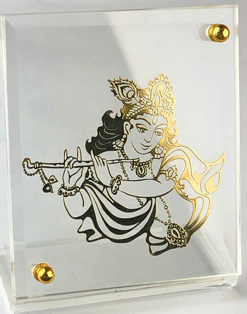 shree kreations Gold Plated Krishna Ji Photo Frame on Acrylic Stand for Car Dashboard, Home, Office Table