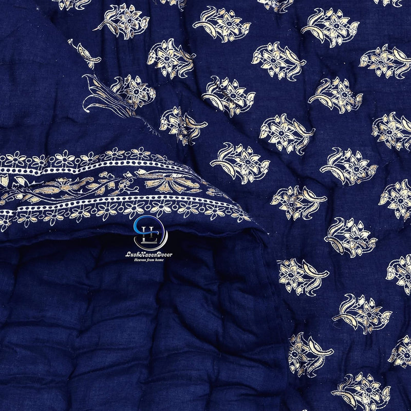 BLOCKSOFJAIPUR 400 TC Jaipuri Razai Light Weight Pure Cotton Traditional Floral Silver Golden Print Design with Gold Print Single Bed Quilt/Rajai (Blue with Daie Gold Print, Single Bed)