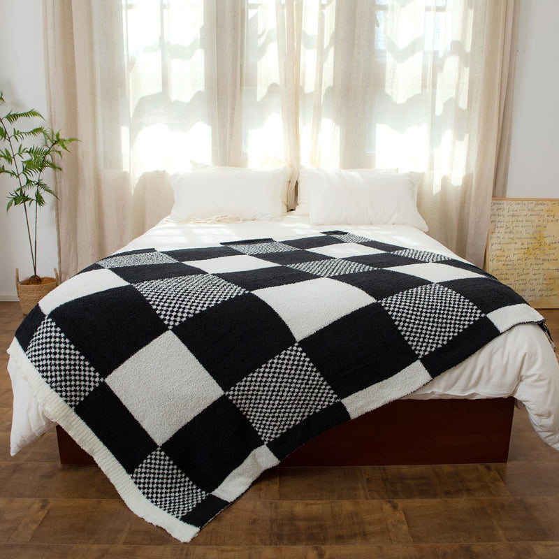 Snuggle Sac Checkered Blanket, Black Throw Blanket for Couch Plaid Microfiber Fluffy Warm Fuzzy Cozy Soft Throw Blanket Reversible Checkerered Blankets for Sofa, Chair, Bed, 50x60 inches