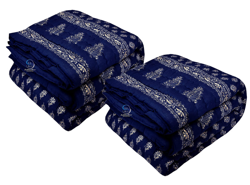 LushHavenDecor Jaipuri Traditional Cotton razai/rajai/ac Blanket with sanganeri Gold Print Single Bed Quilt Blanket Boarded Pattern Blue 55 x 85 inch Set of 2