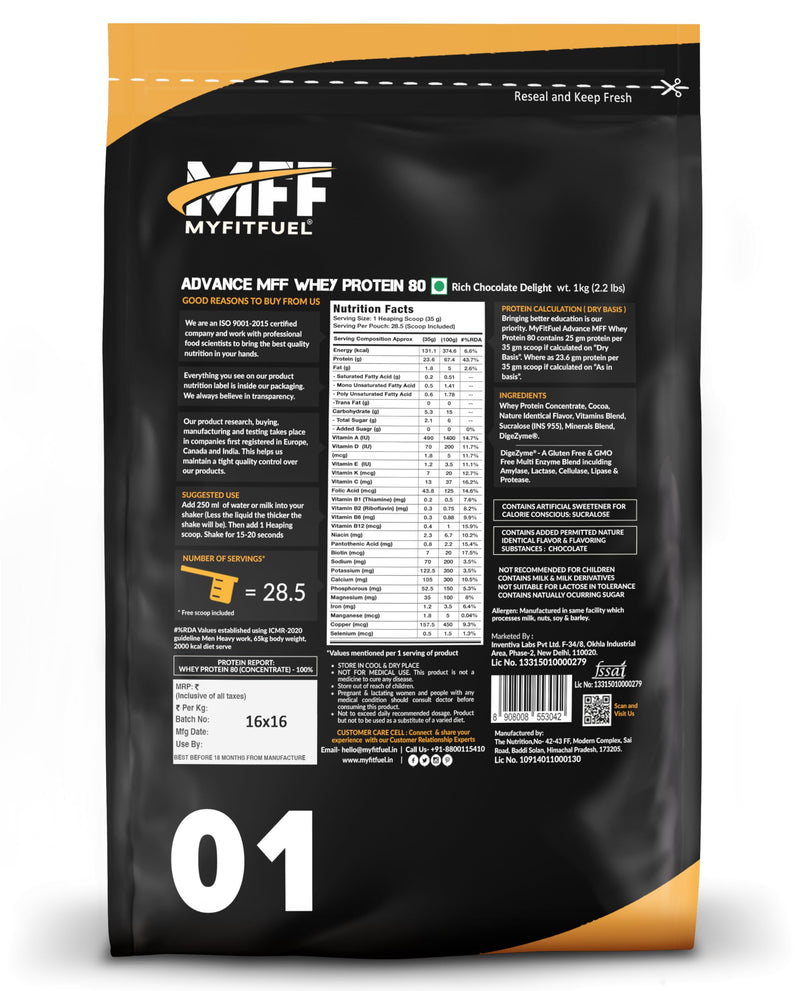 MyFitFuel Advance MFF Whey Protein 80, Whey Concentrate 80% With Digestive Enzymes and Multi Vitamins | 1 Kg, 28 Servings (Rich Chocolate Delight)