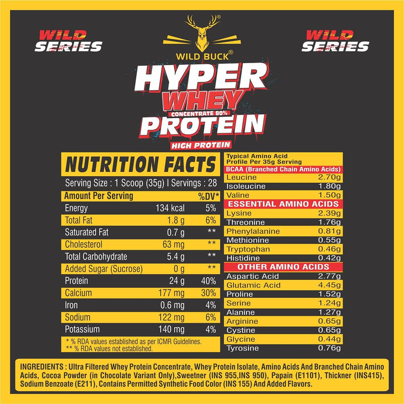 WILD BUCK Hyper Whey Protein Concentrate 80%, 24g High Protein, 6g BCAA, 6g EAA | Muscle-Building Whey Protein Powder | Sports Drink for Recovery & Muscle Growth | Men & Women | 100% Muscle Building Whey Protein [1kg, Chocolate Fudge] with Shaker