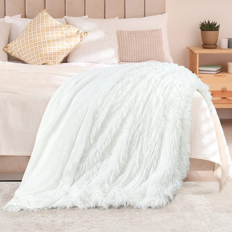 TOONOW Faux Fur Throw Blanket,50''x60'',Ultra Soft and Fluffy Blanket,Cozy Fuzzy Long Hair Shaggy Blanket,Plush Fleece Comfy Microfiber Lightweight Decorative Blanket for Couch Bed Sofa,Pure White