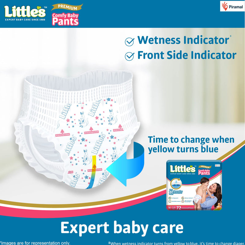 Little's Comfy Baby Pants - Premium, 12 Hours Absorption, Wetness Indicator, Cotton Soft, Medium, 72 Count