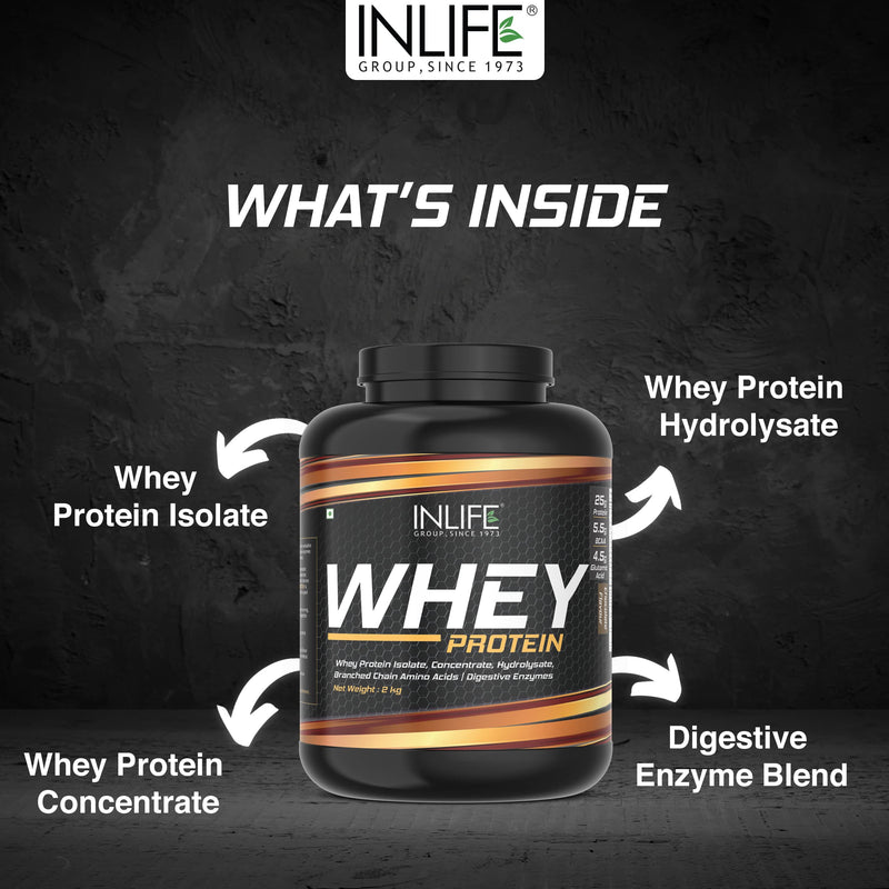 INLIFE Whey Protein Powder | Blend of Isolate Concentrate Hydrolysate | Sports Nutrition Workout Drink, Muscle Food, Body Building Supplement (Chocolate, 2kg)