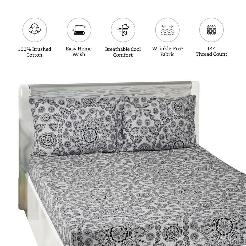 Amazon Brand - Solimo Damask Fantasy 144 TC 100% Cotton King Size Bedsheet with 2 Pillow Covers, White