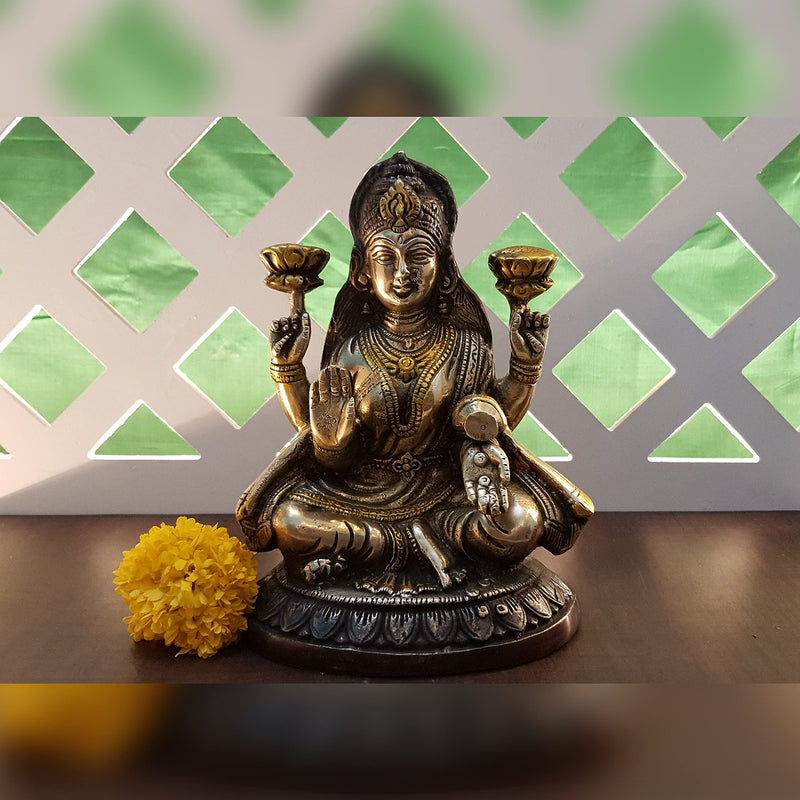 Divya Mantra Sri Laxmi Idol Home Puja Room Diwali Decor Pooja Mandir Decoration Items Living Room Showpiece Decorations Office Lakshmi Temple Murti Goddess Statue Brass Show Pieces - Brown