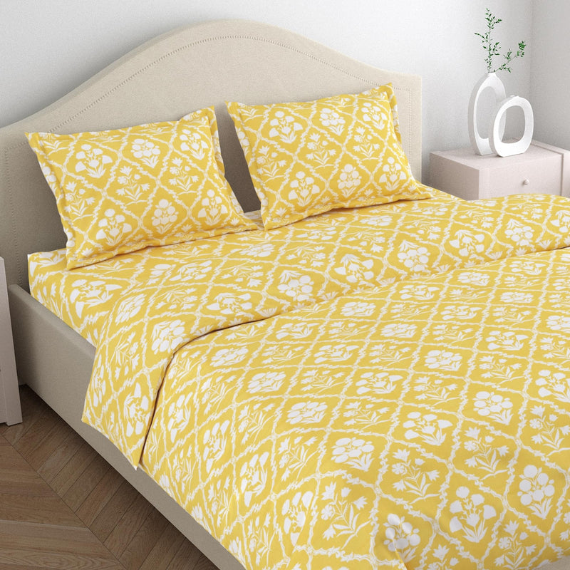 haus & kinder 100% Cotton Queen Size Bedsheet for Double Bed, 1 Cotton Bed Sheet for Double Bed (90 X 100 Inches) with 2 Pillow Covers | 186 TC | Marigold Majesty | Yellow