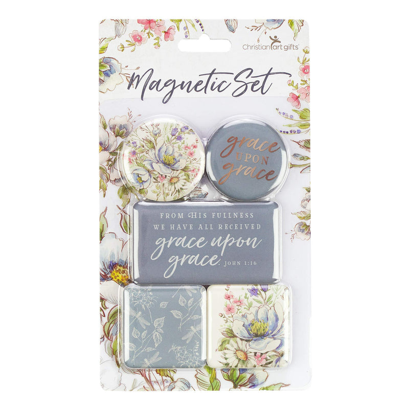 Christian Art Gifts Blue Flower Refrigerator Magnets | Grace Upon Grace - John 1:16 Bible Verse | Grace Upon Grace Collection Inspirational Fridge Magnet Mini Variety Set/5